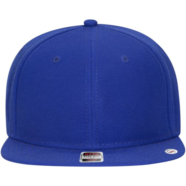 A blue six-panel mid-profile snapback cap with a flat brim and a logo on the front.