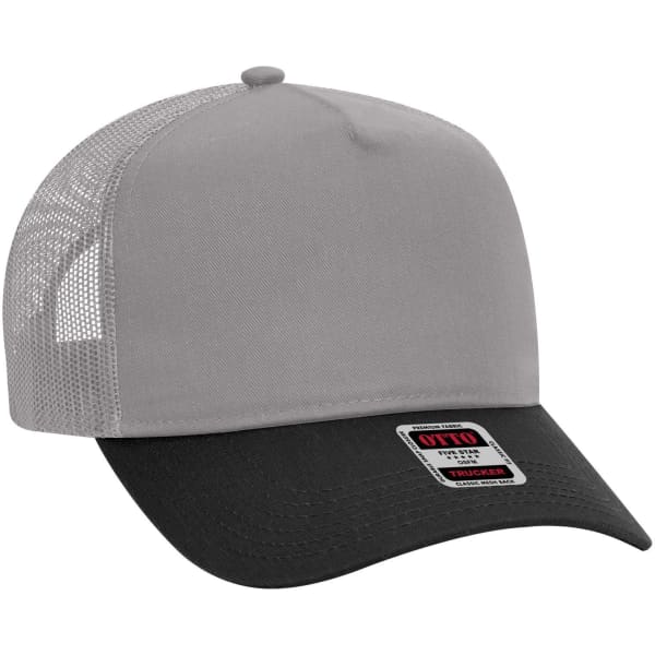 A grey and black 5 Panel Mid Profile Trucker Cap with a mesh back and branded label on the front.
