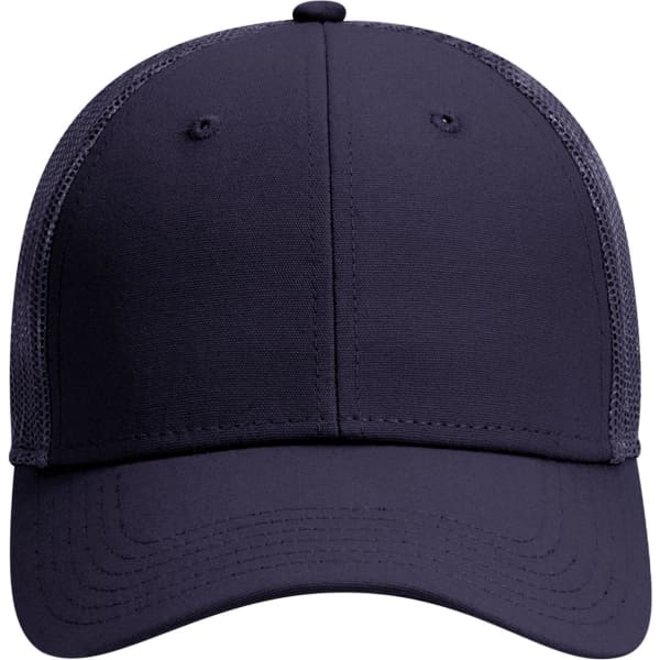A low profile trucker cap in dark navy with a mesh back and a rounded crown. It features a logo on the front.