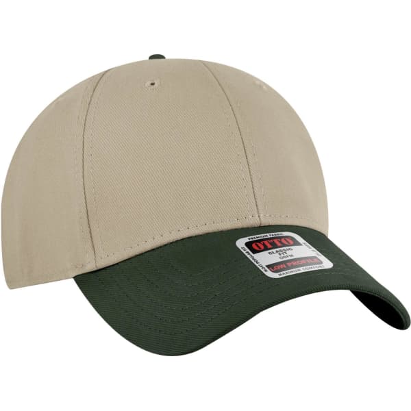 A beige and green six-panel low profile baseball cap featuring a logo on the front.