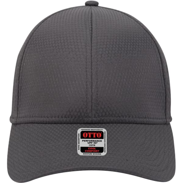 A grey UPF 50+ 6 panel low profile baseball cap with a logo and a textured fabric design.