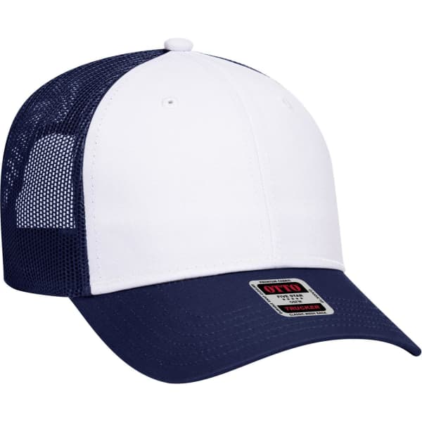 A low profile trucker cap featuring a white front and navy mesh back, complete with a logo on the front.