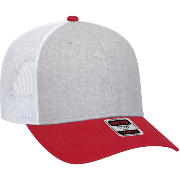 A grey and red low profile trucker cap with a mesh back and a small logo on the front.