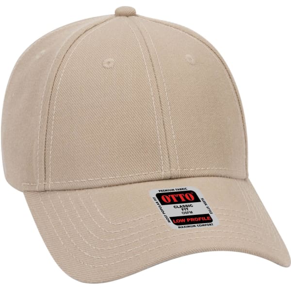 A beige 6 panel low profile baseball cap with a logo. Features a curved peak and stitched detailing.