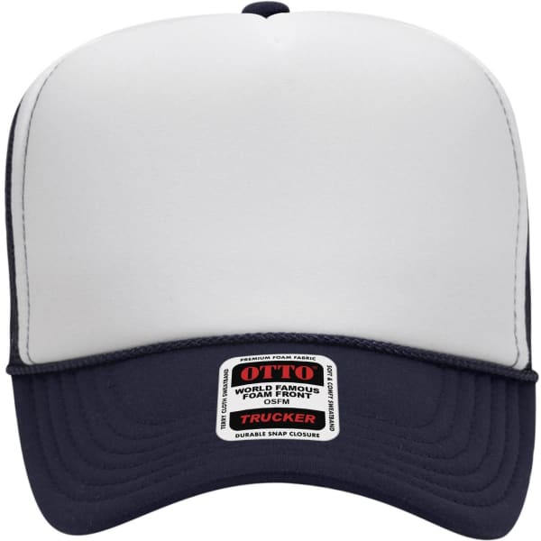 A 5 panel high crown trucker cap in white with a navy brim and an attached logo patch on the front.