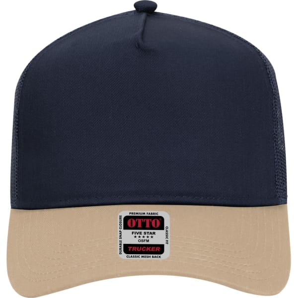 A 5 panel mid profile trucker cap in navy blue with a beige brim and a logo on the front.