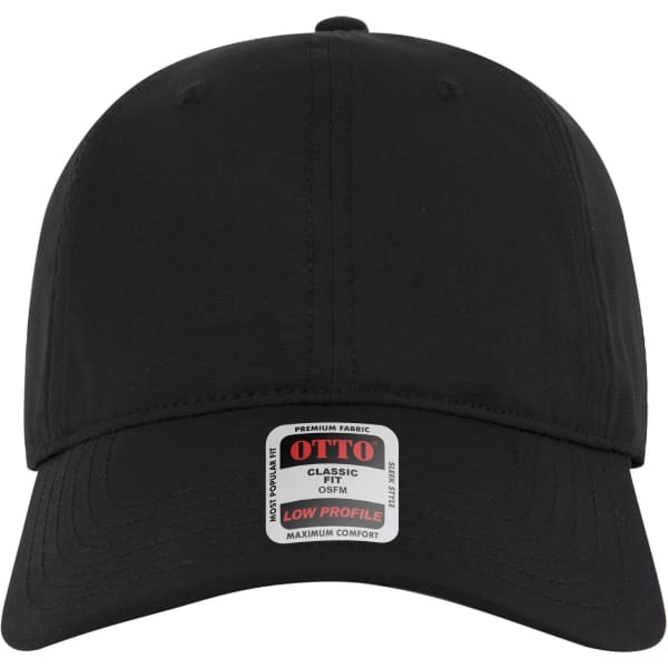 A black 6-panel low profile style baseball cap featuring a logo on the front and a label attached.