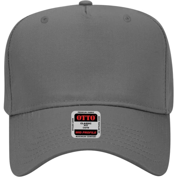 A grey 5-panel mid crown baseball cap with a logo on the front.
