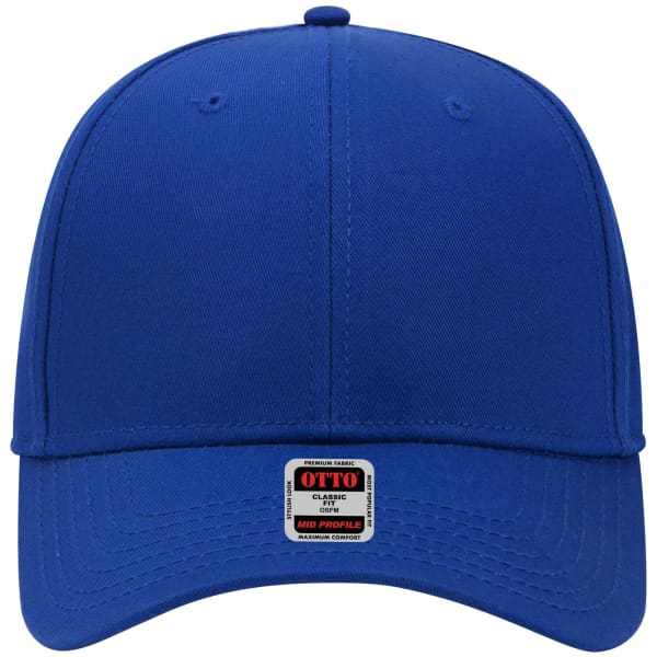 A blue 6-panel mid-profile baseball cap with a branded tag on the front.