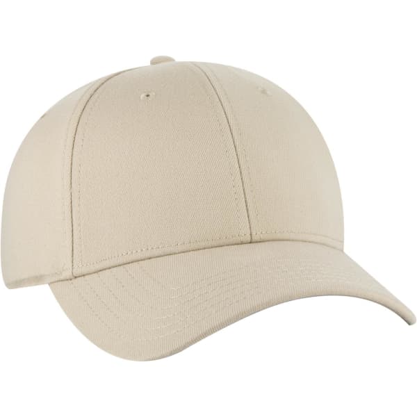 A beige baseball cap with a low profile and six panels, featuring a logo on the front.