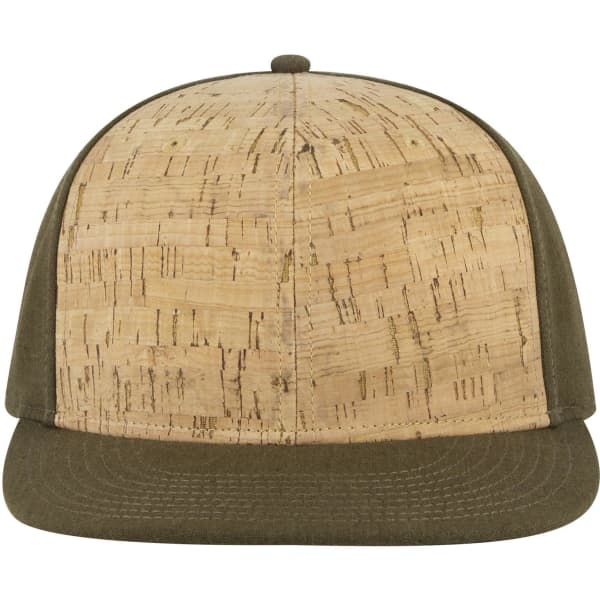 A six-panel mid-profile snapback cap featuring a cork-patterned front and an olive green visor. It has a logo on the side.