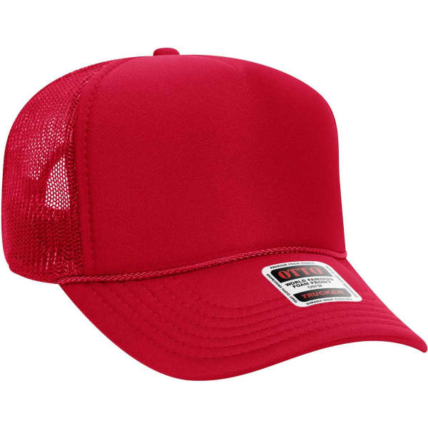 A red 5 panel mid profile trucker cap with mesh sides and a branded label on the front.