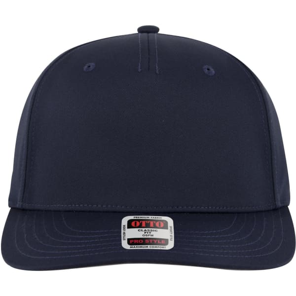 A navy blue 5 Panel Pro Style Snapback Hat featuring a flat brim and a logo on the front.