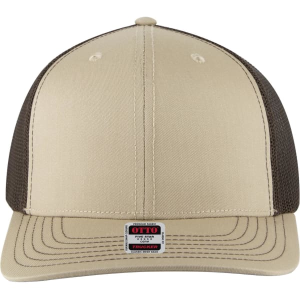 A beige mid-profile trucker cap with a brown mesh back and a logo on the front.