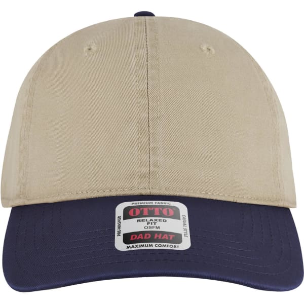 A beige and navy 6 panel low profile dad cap with a logo on the front.