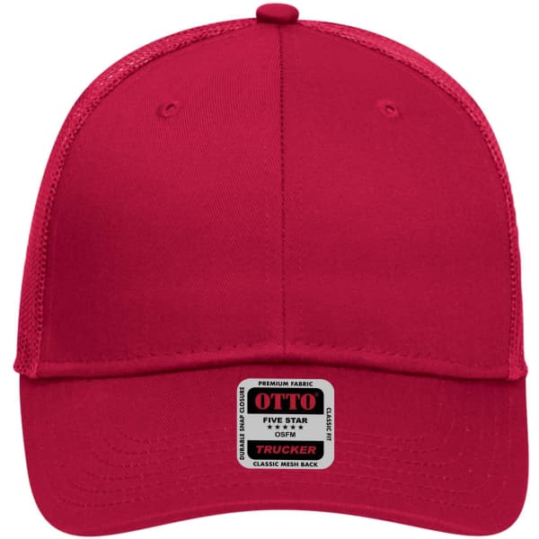 A red 6-panel low profile trucker cap with a mesh back and a label on the front.