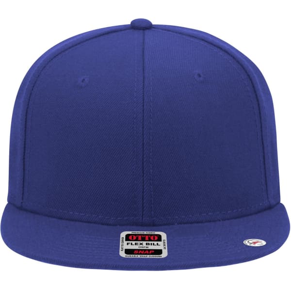 A blue 6 panel mid profile snapback cap with a flat brim and a logo on the side.