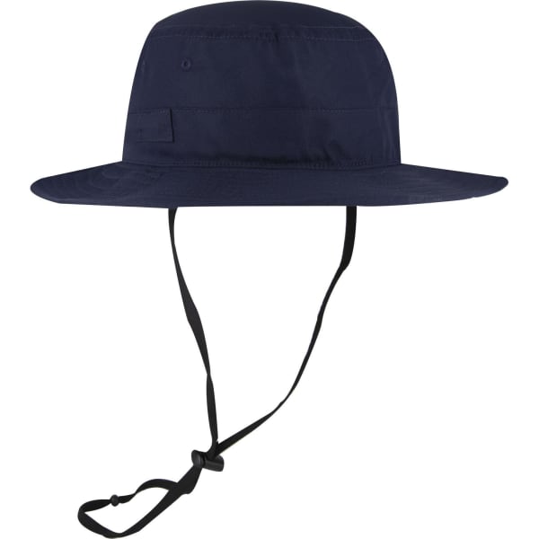A navy polyester pongee boonie hat with a wide brim and adjustable chin strap, featuring a logo.