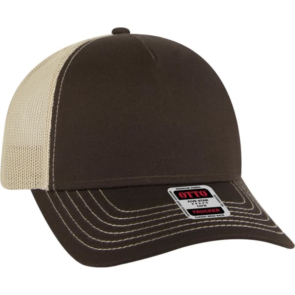 A brown and beige 5 Panel Low Profile Trucker Cap with a mesh back and a woven label.
