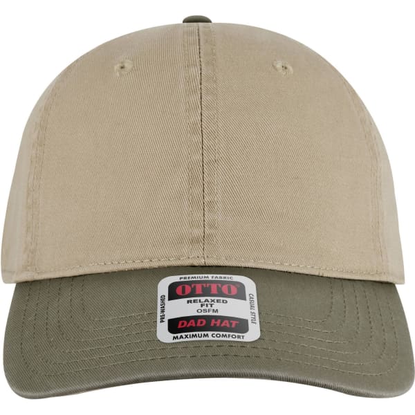 A beige and olive green 6 panel low profile dad cap with a logo on the front.
