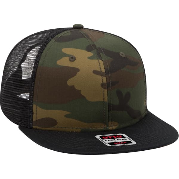 A camouflaged green and black trucker cap with a mesh back and a flat brim, featuring a logo.