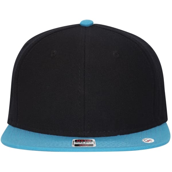 A black snapback cap with a blue visor and an interior grey undervisor, featuring a logo.