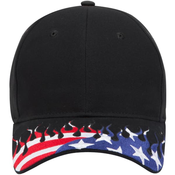 A black six-panel low profile baseball cap with a flame-patterned brim featuring red, white, and blue colours.