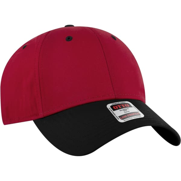 A red and black 6 panel low profile baseball cap featuring a branding logo on the front.