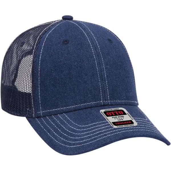 A navy blue 6 panel low profile trucker cap with a mesh back and a logo on the front.