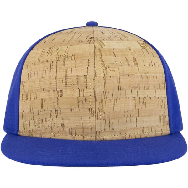A blue snapback cap with a cork panel top and a flat brim. It features a logo on the front.