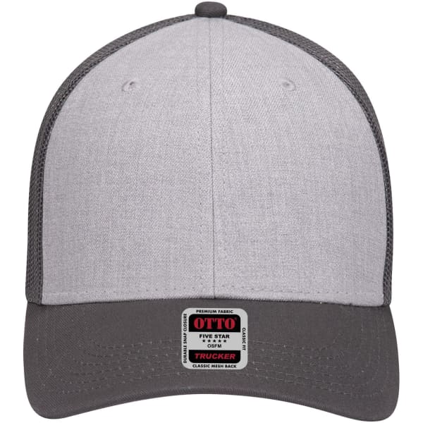 A grey 6-panel low profile trucker cap with a mesh back and a logo on the front.