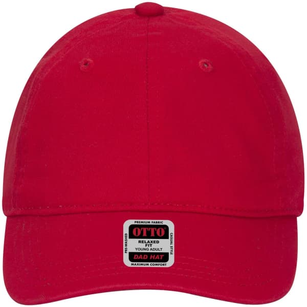 A red 6-panel low profile dad cap featuring a logo and a structured design for comfort.