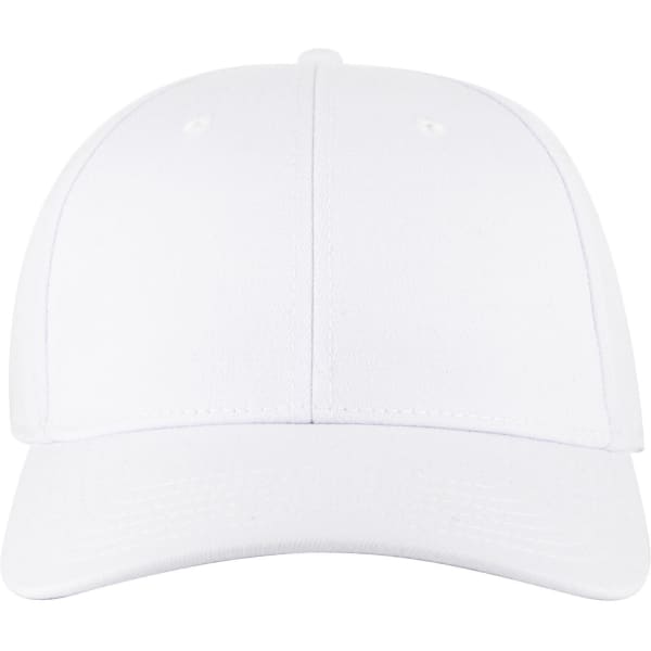 A white low-profile baseball cap with six panels and a logo on the front.