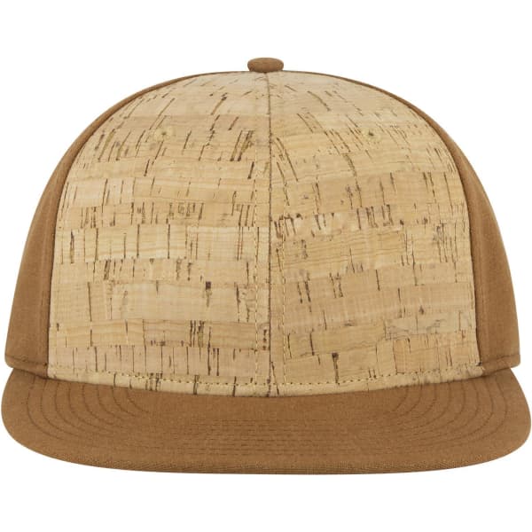 A tan snapback cap with a cork-textured front panel and a solid brown visor. It features a logo on the side.