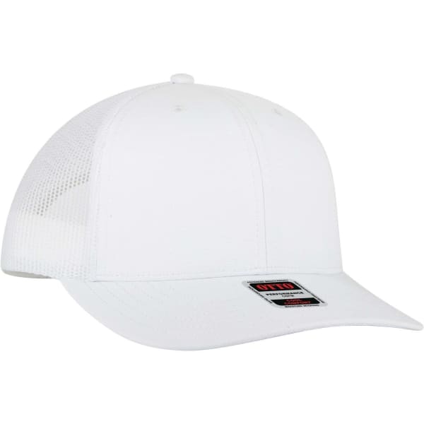 A white mid profile trucker cap featuring a mesh back and a branded label on the front.