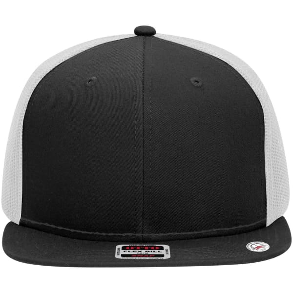 A black and grey 6-panel mid-profile trucker cap with a solid front and mesh back, featuring a logo.