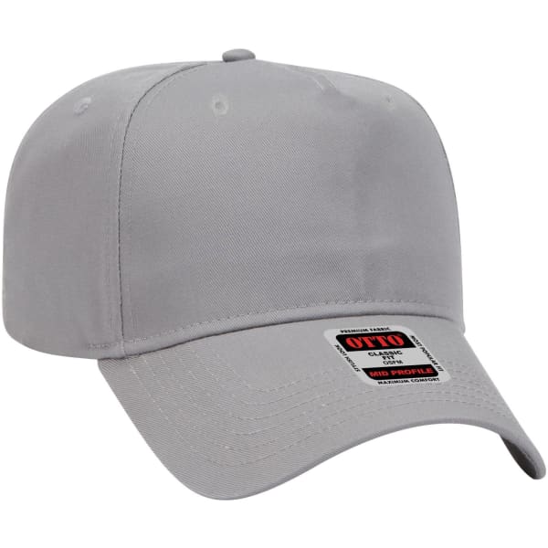 A grey 5 panel mid crown baseball cap with a curved brim and a branded label on the side.