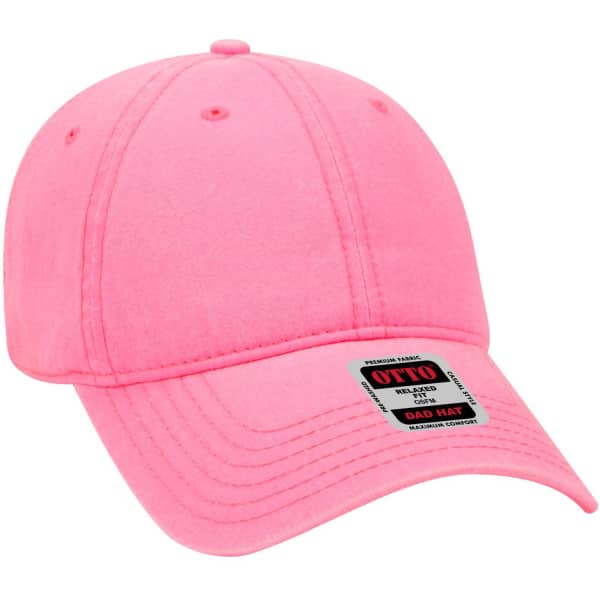 A pink 6 Panel Low Profile Dad Cap featuring a curved brim and a logo. Ideal for casual headwear.