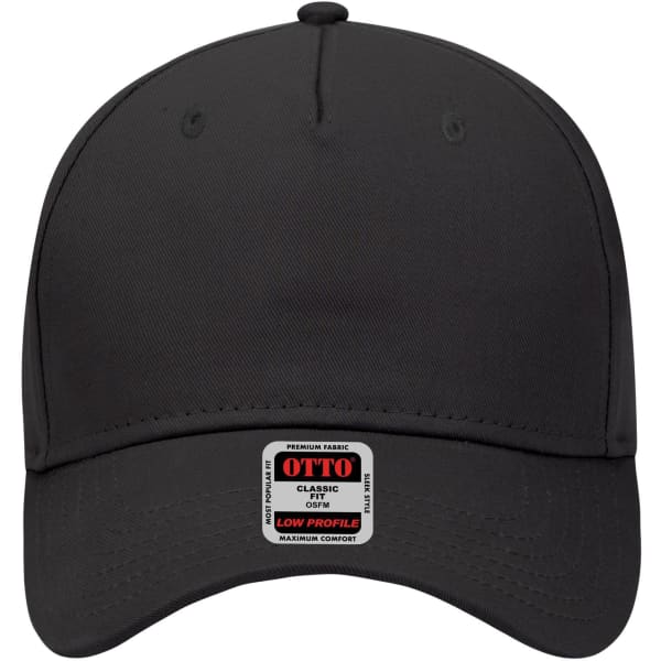 A black 5 panel low profile baseball cap with a logo tag on the front.