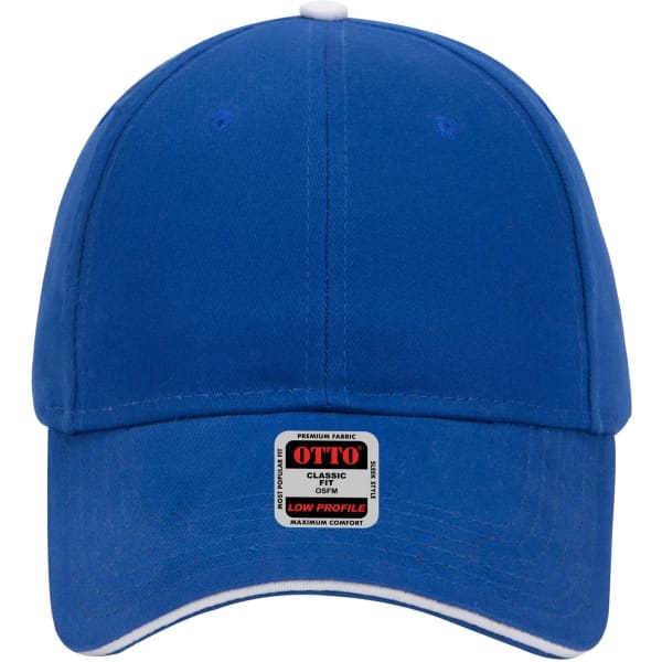 A blue 6 panel low profile baseball cap with a logo on the front. Features contrasting stitching.