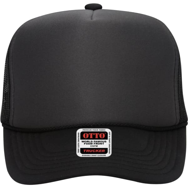 A black 5 Panel High Crown Trucker Cap with a mesh back and a branded label on the front.