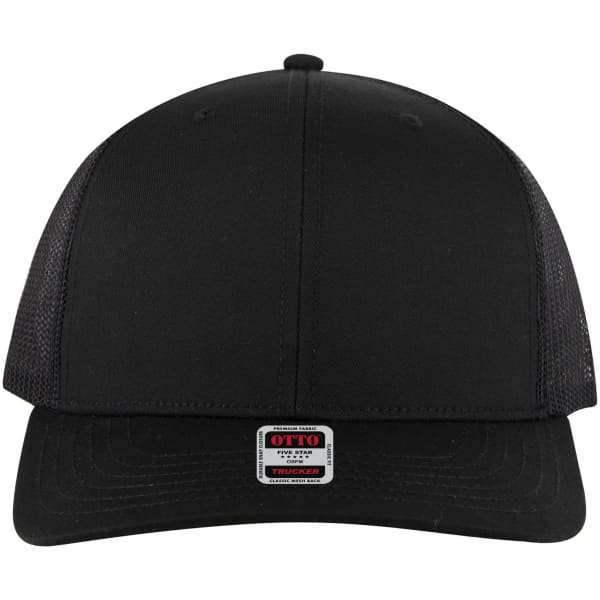 A black 6 panel mid profile trucker cap with mesh sides and a front logo.