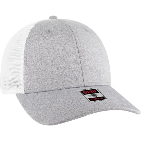 A grey baseball cap with a low-profile design, featuring a mesh back and a branding logo on the front.