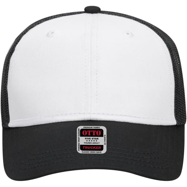 A 6 panel low profile trucker cap in white and black, featuring a mesh back and a branded tag.