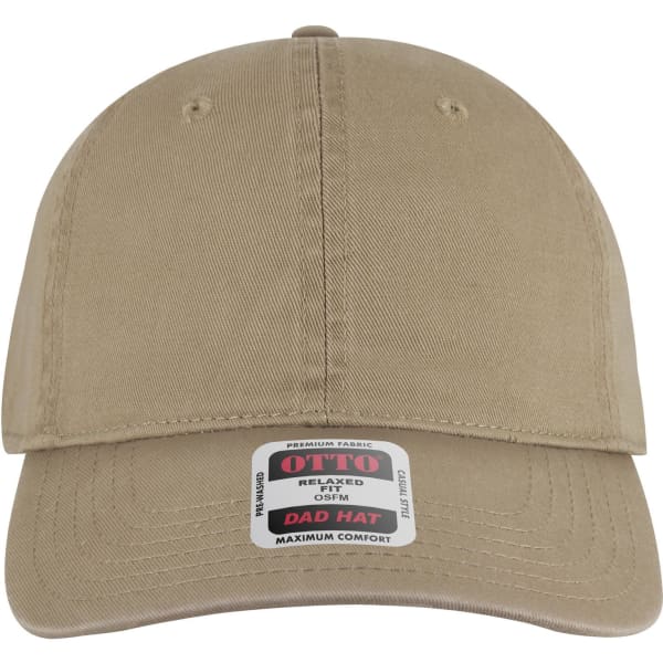A khaki 6 panel low profile dad cap with a curved brim and a logo on the tag at the front.