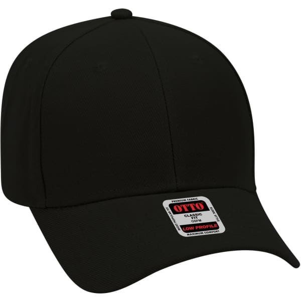 A black six-panel low profile baseball cap with a logo on the front and a curved visor.