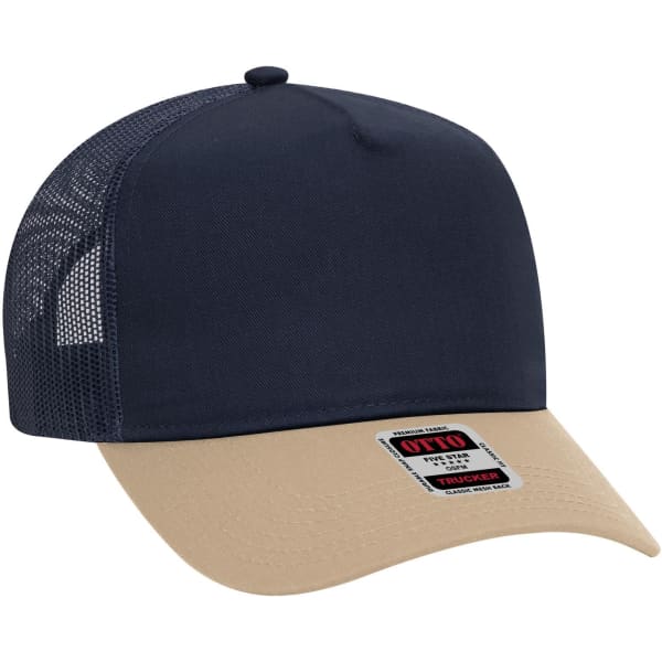 A navy and tan 5 Panel Mid Profile Trucker Cap with a mesh back and a logo on the front.