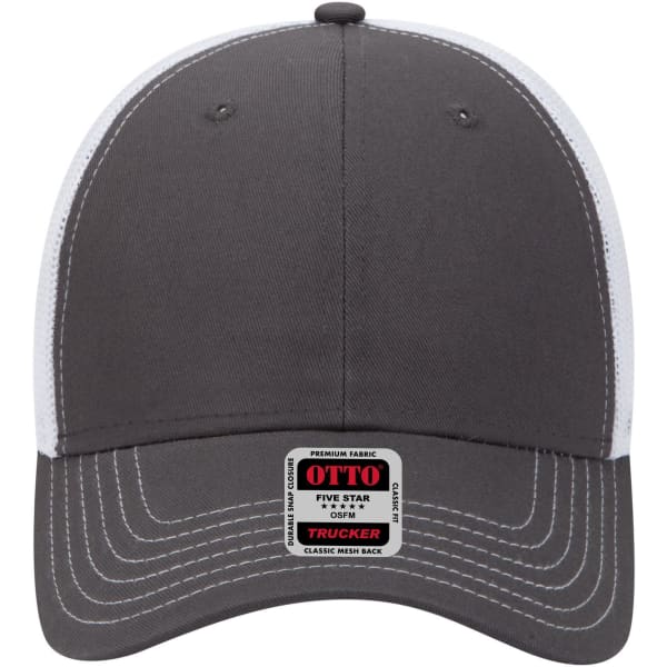A grey and white 6 panel low profile trucker cap featuring a mesh back and a logo on the front.