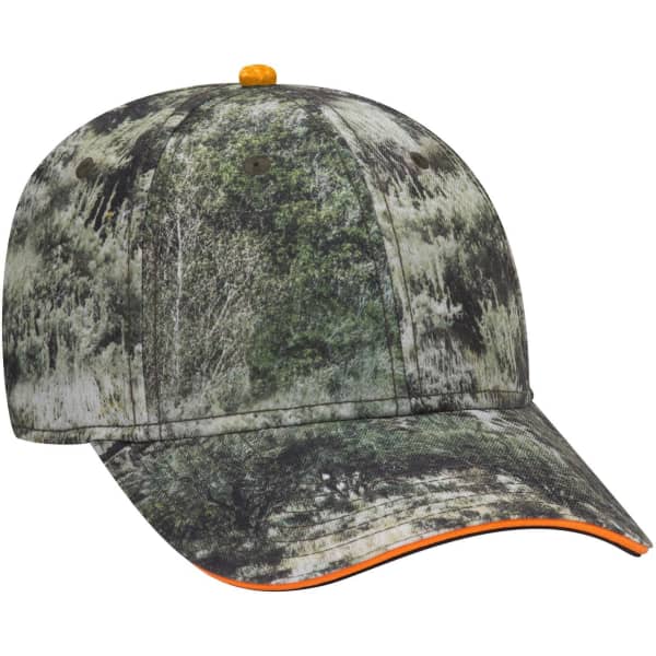 A camo patterned 6 panel low profile baseball cap with an orange accent on the brim and branding on the side.