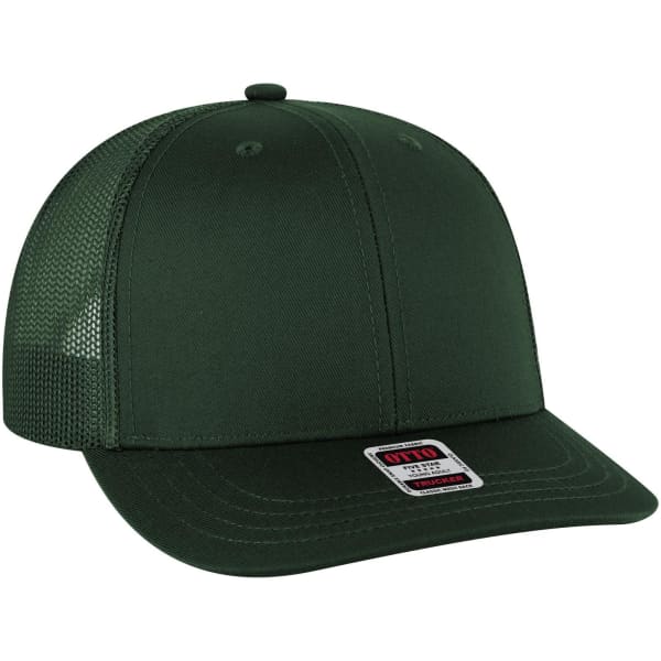 A green 6 panel mid profile trucker cap with mesh sides and a small logo patch on the front.